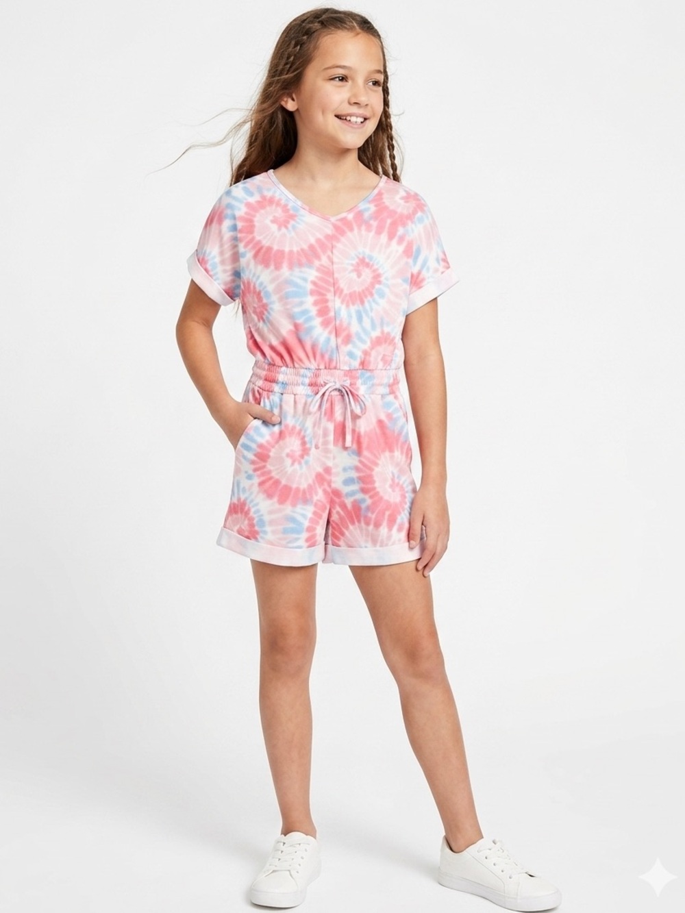 Girls Tie-Dye Short Sleeve Romper in Pink & Blue Size XL casual camp party 105